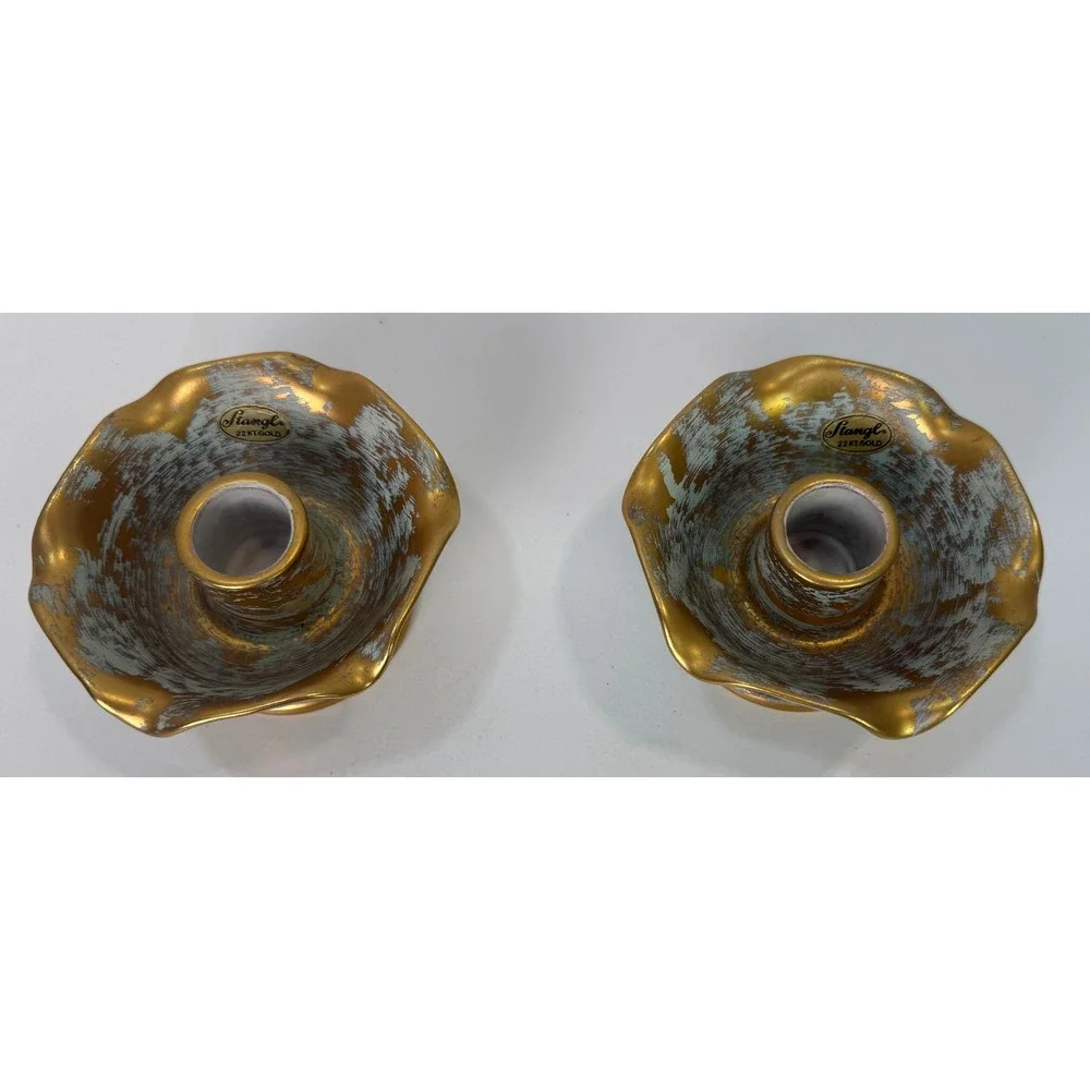 Vtg Stangl Pottery Taper Candle Holders Pair #5069 22K Antique Gold Ruffled MCM